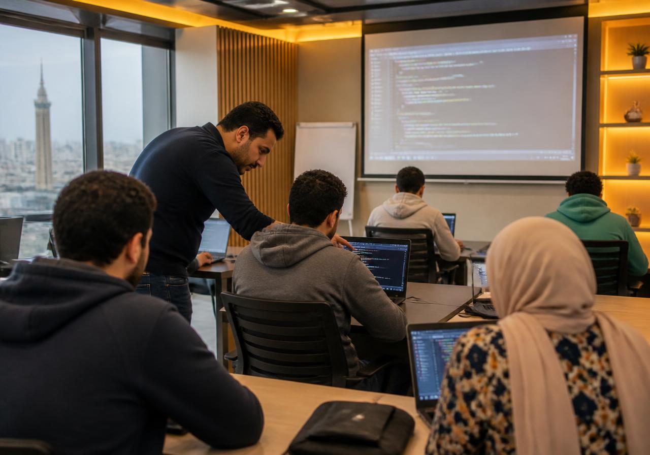 Instructor leaning over a student's laptop to debug code during an evening Flutter lab session at the Interlink centre in Cairo
