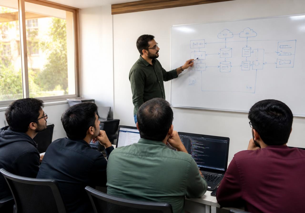 Instructor drawing a system architecture diagram on a whiteboard while four learners follow along with open laptops